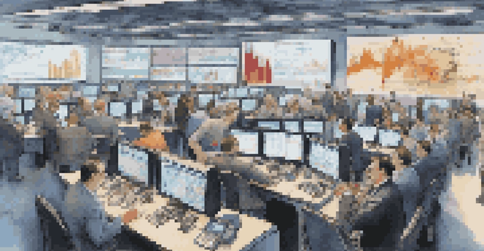 A busy financial trading floor with traders analyzing stock prices and derivatives on screens, creating an energetic atmosphere.