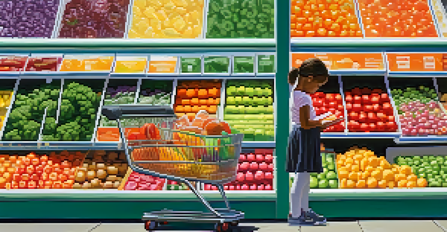 A child holding a grocery list in an outdoor shopping setting, looking at a cart filled with fresh fruits and vegetables, with candy items visible in the background.