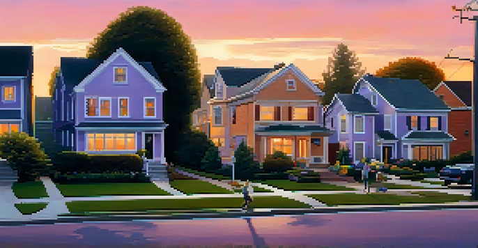 A peaceful suburban neighborhood during sunset with houses, gardens, and children playing.