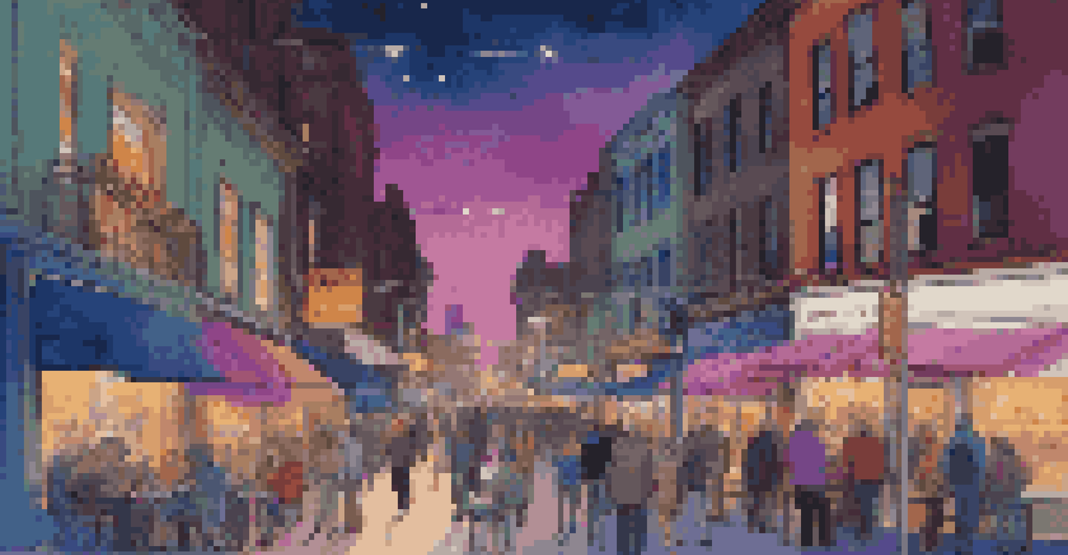 A vibrant city street at dusk, filled with neon lights and people enjoying their evening.