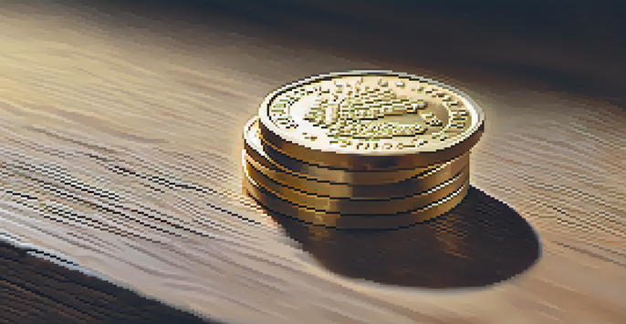 A golden coin on a wooden surface with warm lighting and blurred coins in the background.