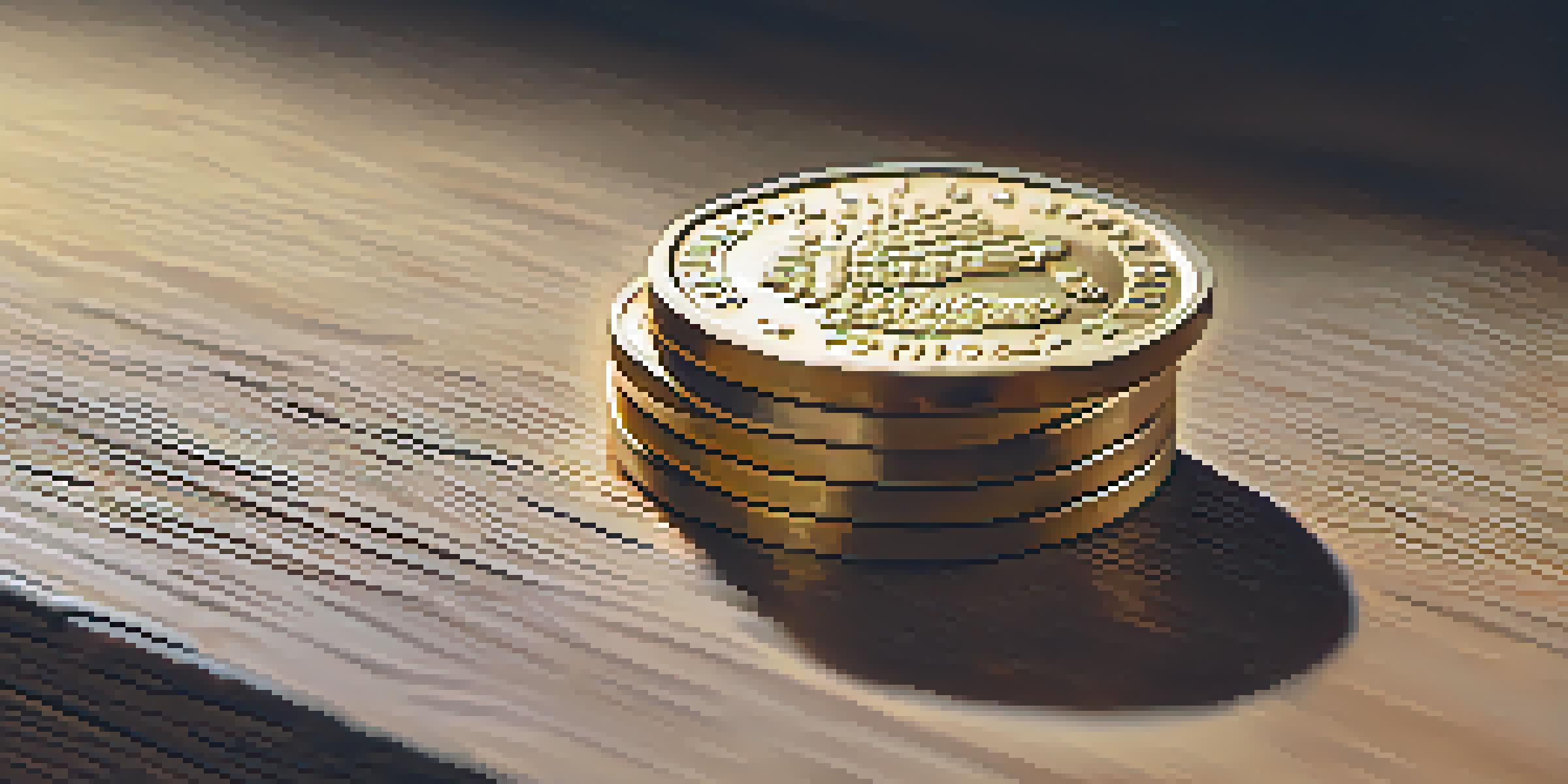 A golden coin on a wooden surface with warm lighting and blurred coins in the background.