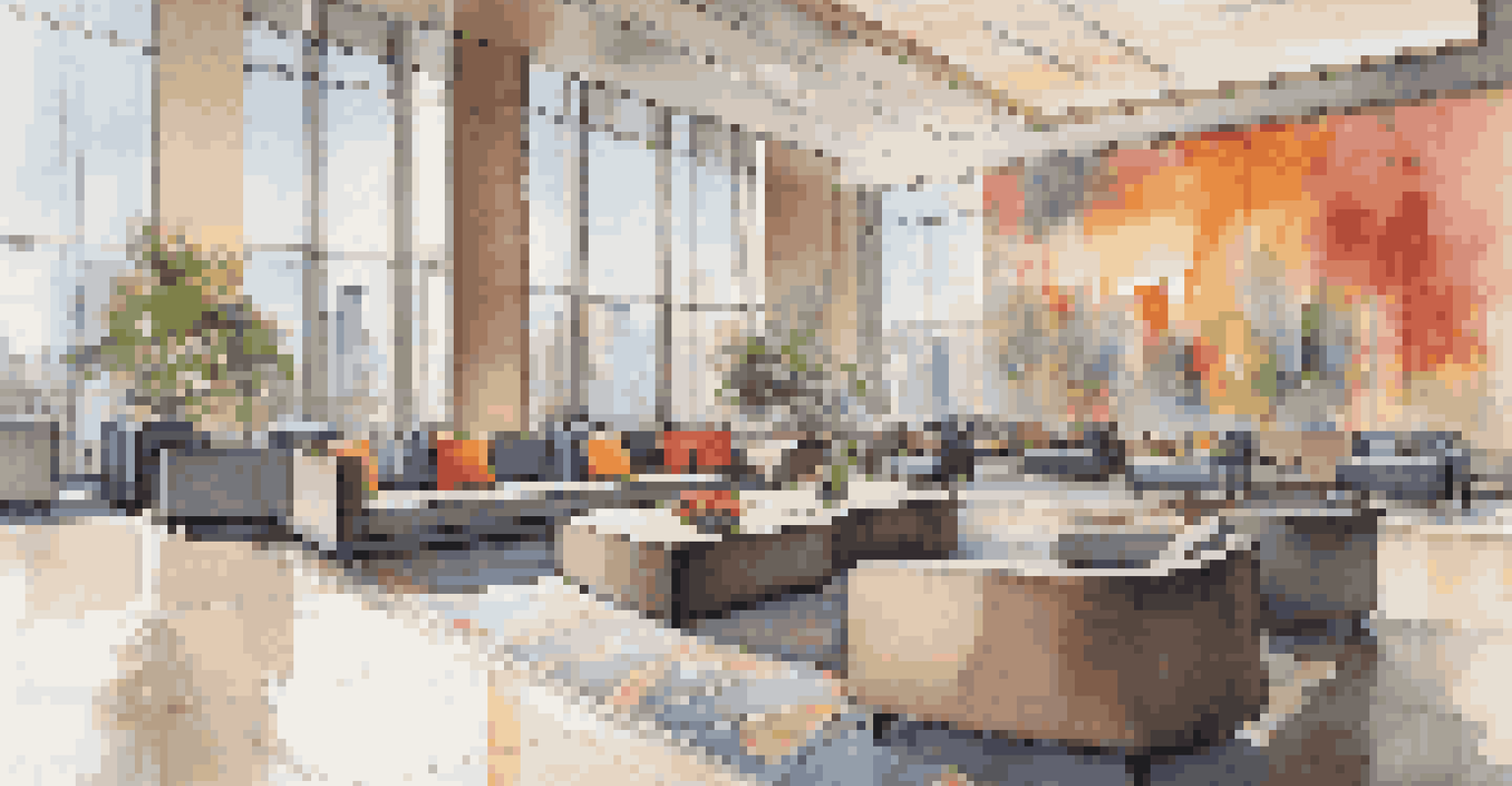 A modern hotel lobby with sleek design, high ceilings, and colorful artwork.