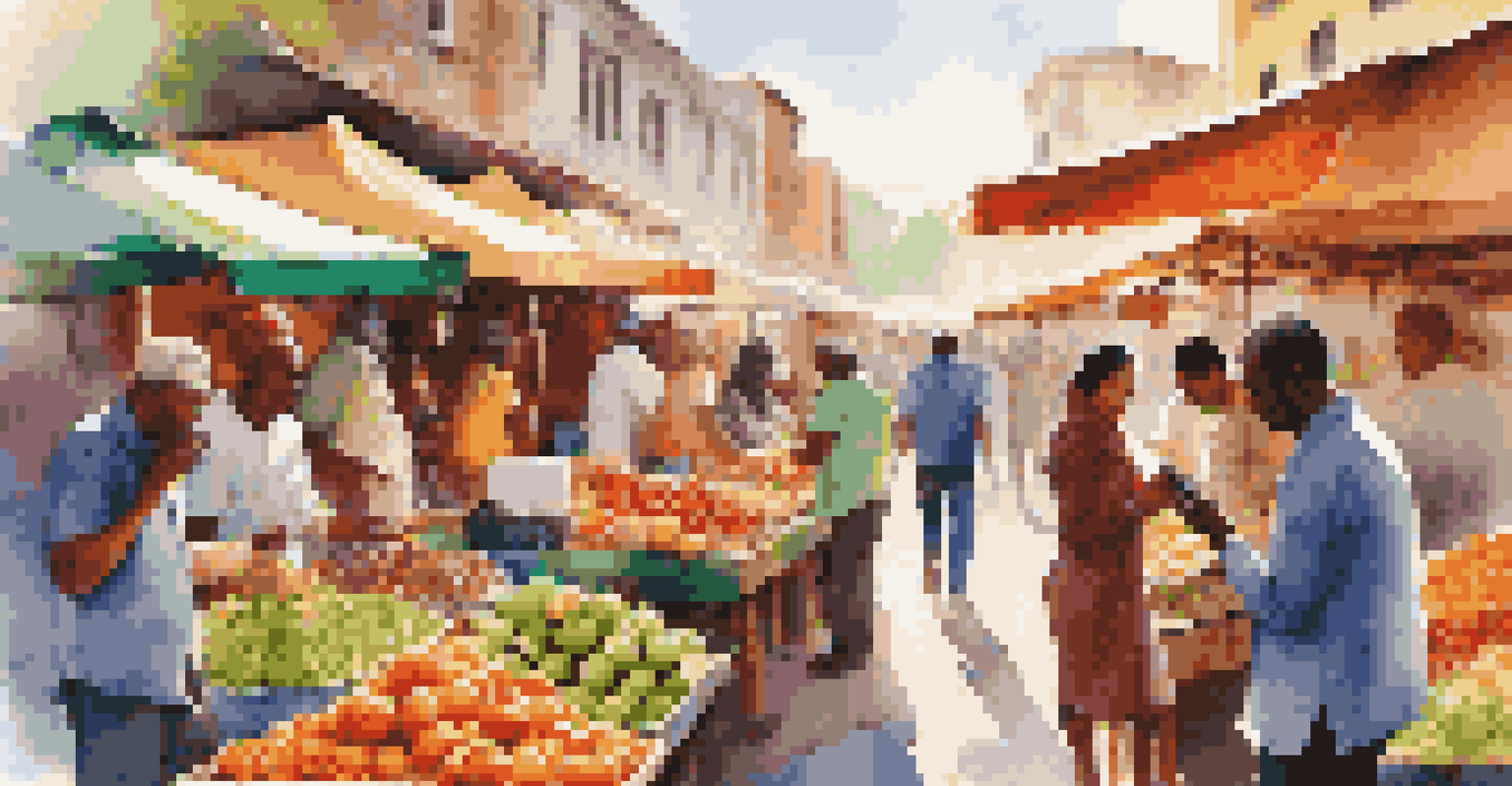 A diverse group of people in a market using mobile devices for digital payments, surrounded by colorful produce and goods.