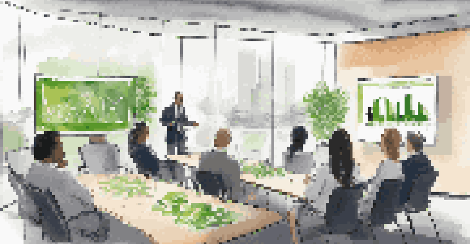 An NGO representative presenting a sustainable investment proposal in a modern conference room with greenery and charts on display.