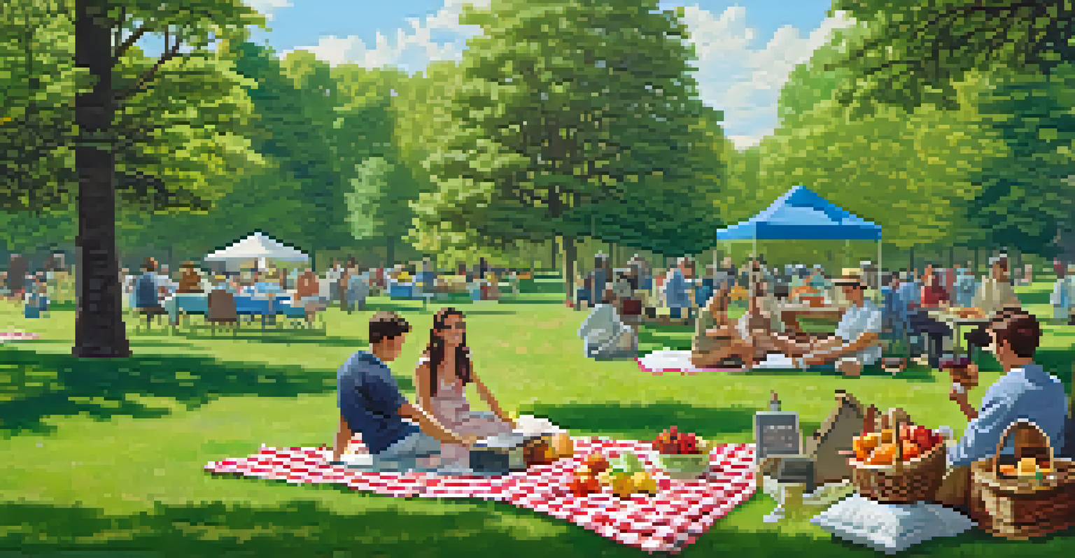A cheerful picnic scene with a blanket, food basket, and people enjoying a sunny day in a park.