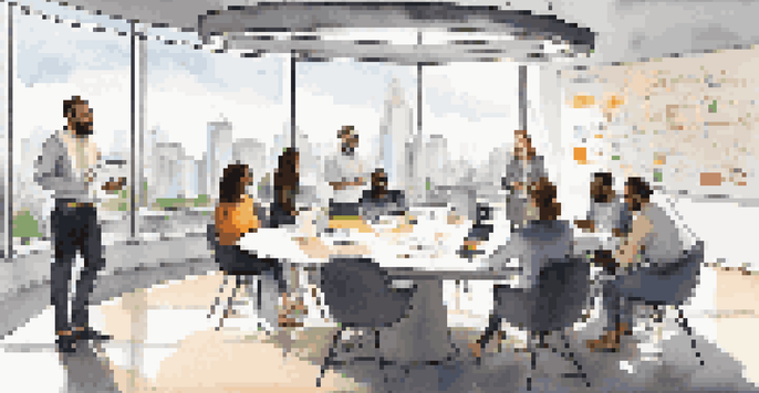 A modern office with diverse entrepreneurs discussing a startup idea around a round table, with a city skyline visible through large windows.