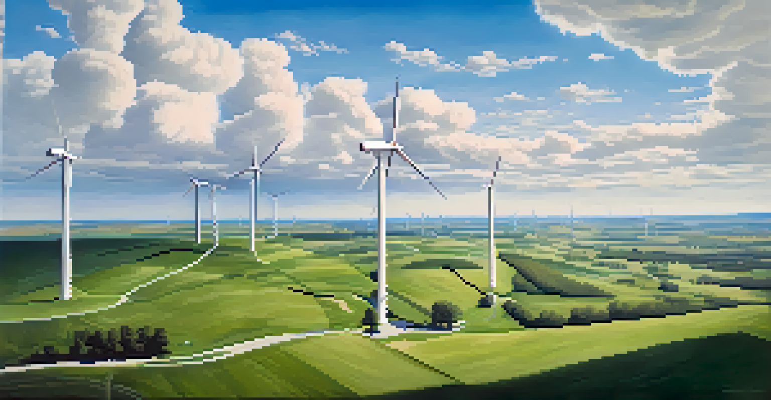 Aerial view of wind turbines on a green hill under a bright sky.