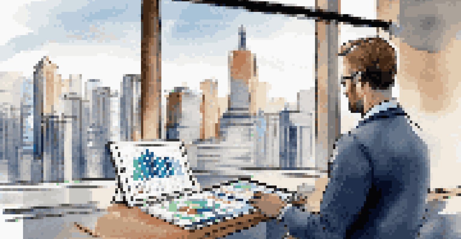 An investor in a modern office analyzing stock market trends on a digital tablet, with colorful graphs displayed on the screen.