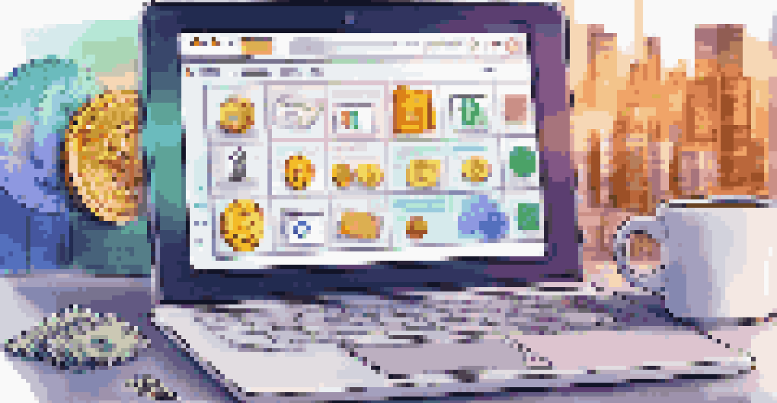 A digital wallet displayed on a laptop with colorful cryptocurrency icons, set in a modern workspace overlooking a cityscape.
