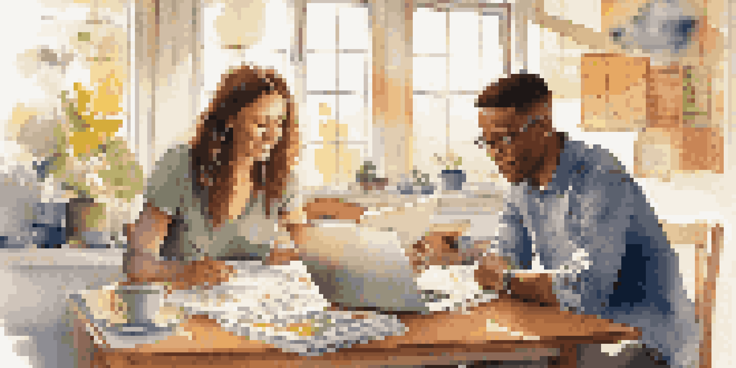 A young couple discussing retirement savings at a kitchen table filled with financial documents and a laptop, with warm morning light streaming in.