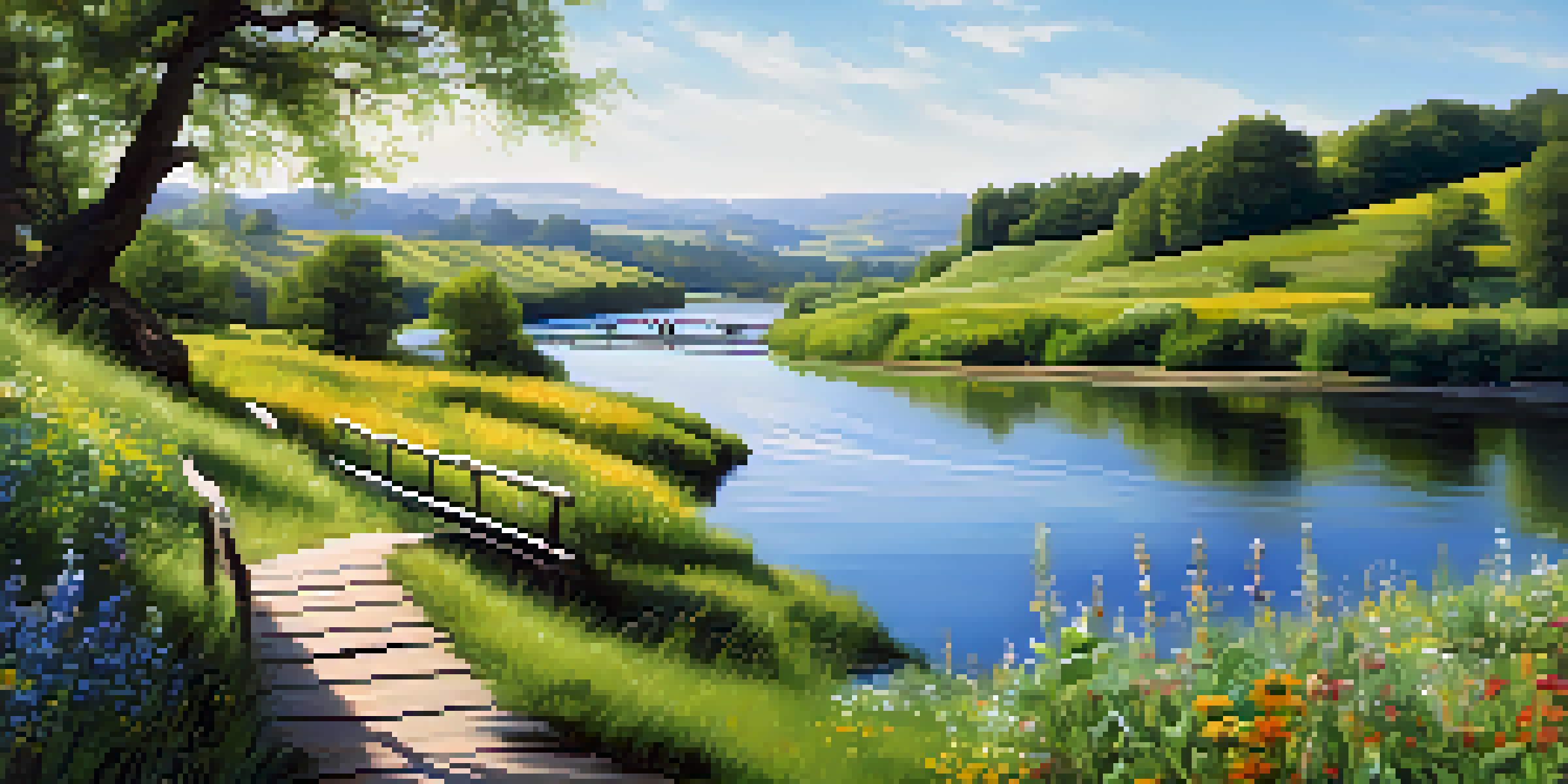 A tranquil valley with green hills, a flowing river, and colorful wildflowers, featuring a wooden bridge.