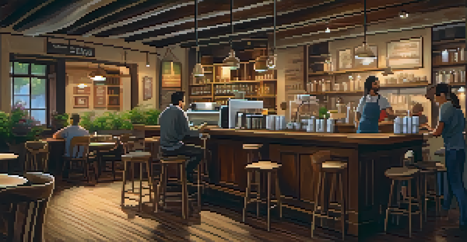 The interior of a cozy coffee shop with wooden furniture, a barista pouring latte art, and warm ambient lighting, creating an inviting atmosphere.
