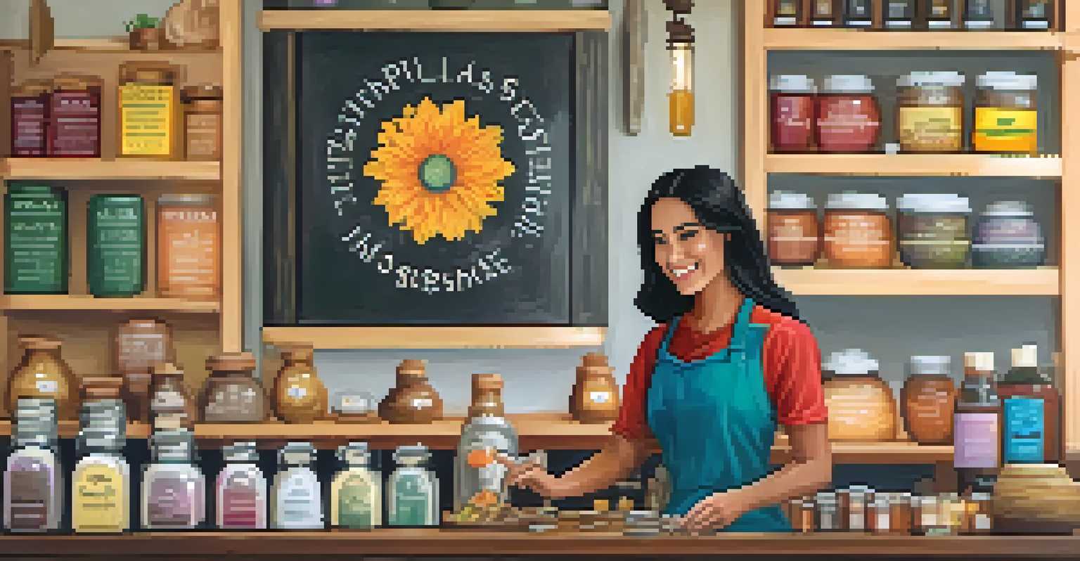 A woman entrepreneur smiling in her sustainable shop, surrounded by handmade products and vibrant local artwork.