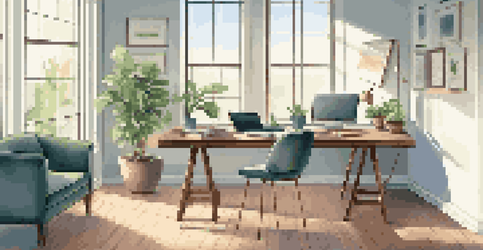 A modern office workspace with a laptop, financial reports, and a potted plant under soft sunlight.