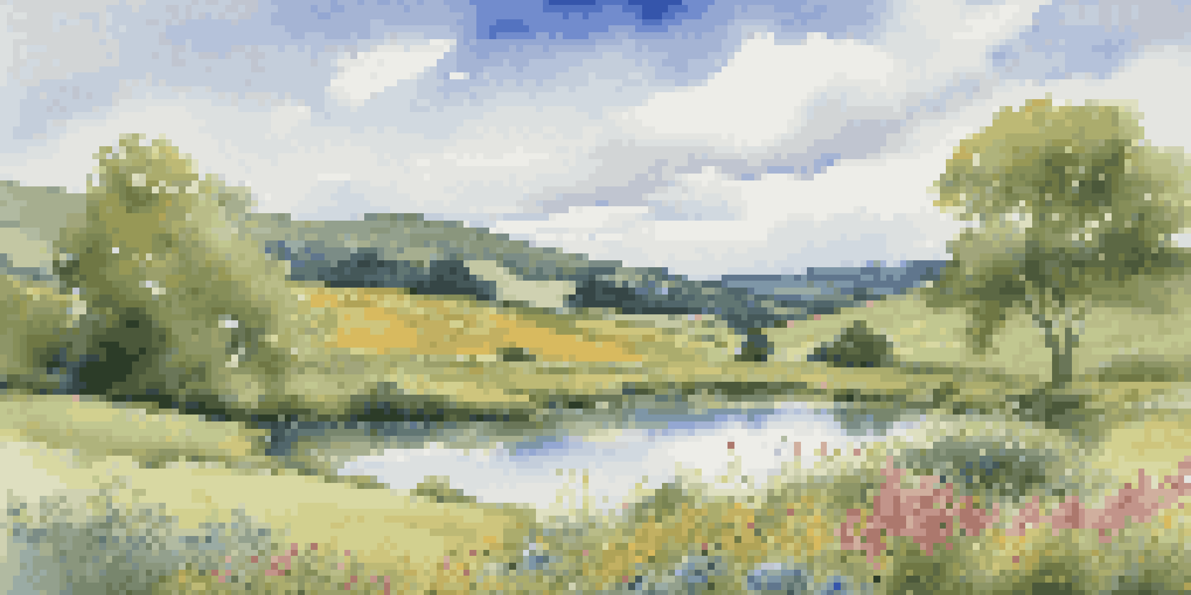 A peaceful countryside landscape with rolling green hills, a bright blue sky, and a tranquil pond reflecting the surroundings.