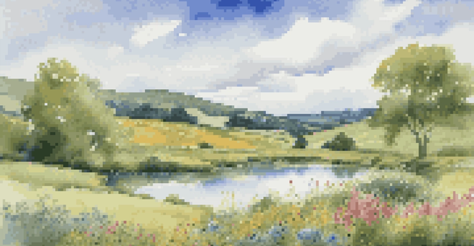 A peaceful countryside landscape with rolling green hills, a bright blue sky, and a tranquil pond reflecting the surroundings.