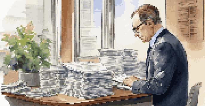 An auditor reviewing financial documents in a bright office setting, surrounded by a laptop and a potted plant.