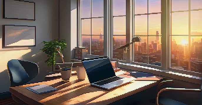 A tranquil office setting with a view of a city at sunset, featuring a desk with a laptop and a cup of coffee.