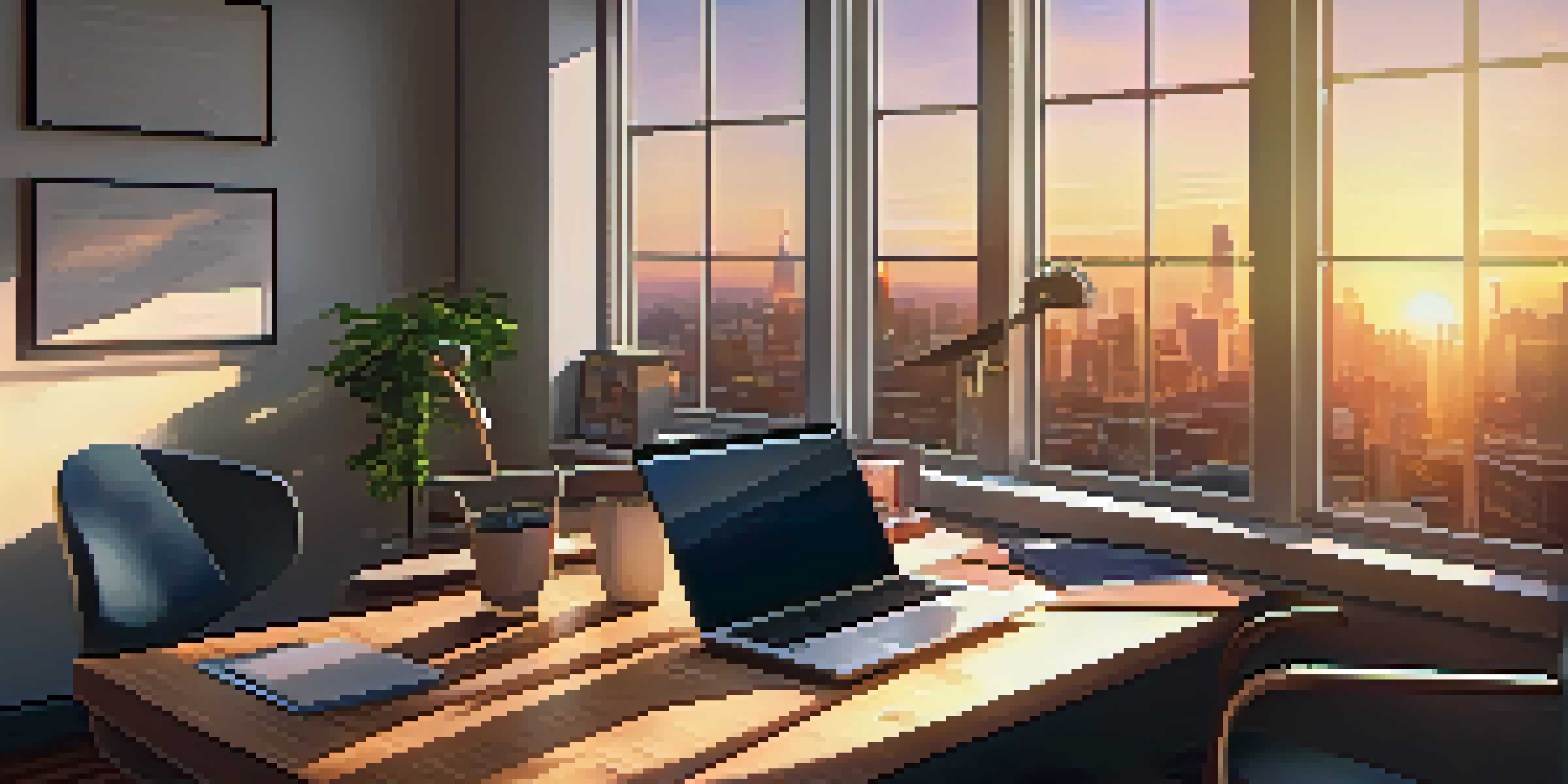 A tranquil office setting with a view of a city at sunset, featuring a desk with a laptop and a cup of coffee.