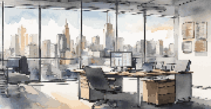 A modern office workspace with a desk, laptop displaying financial analysis, and a view of the city skyline through large windows.