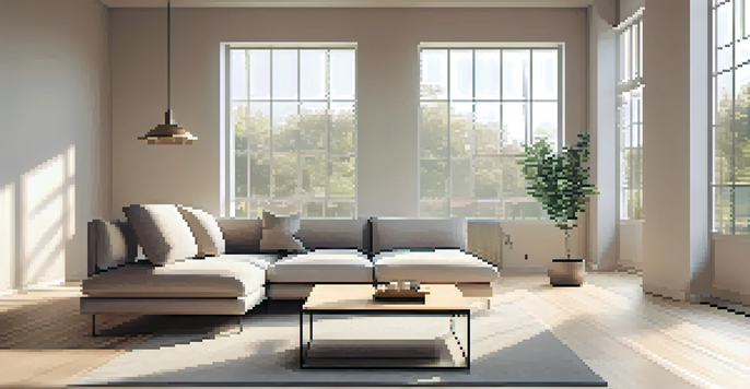 A minimalist living room with a neutral sofa, wooden coffee table, and a potted plant, illuminated by soft natural light.