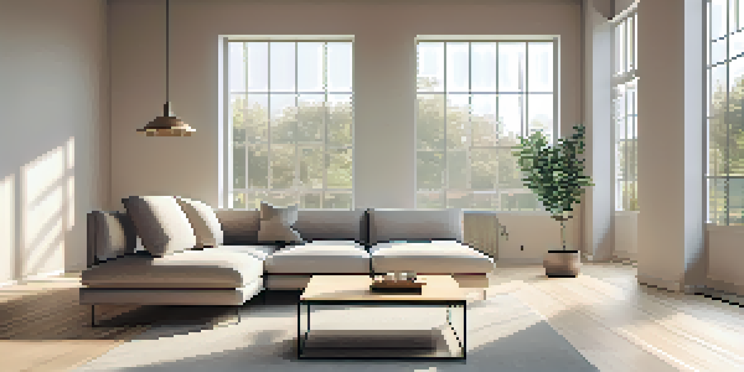 A minimalist living room with a neutral sofa, wooden coffee table, and a potted plant, illuminated by soft natural light.