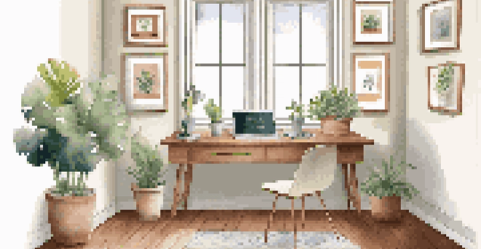 A cozy home office with natural light, a wooden desk, a laptop, and motivational quotes on the walls.