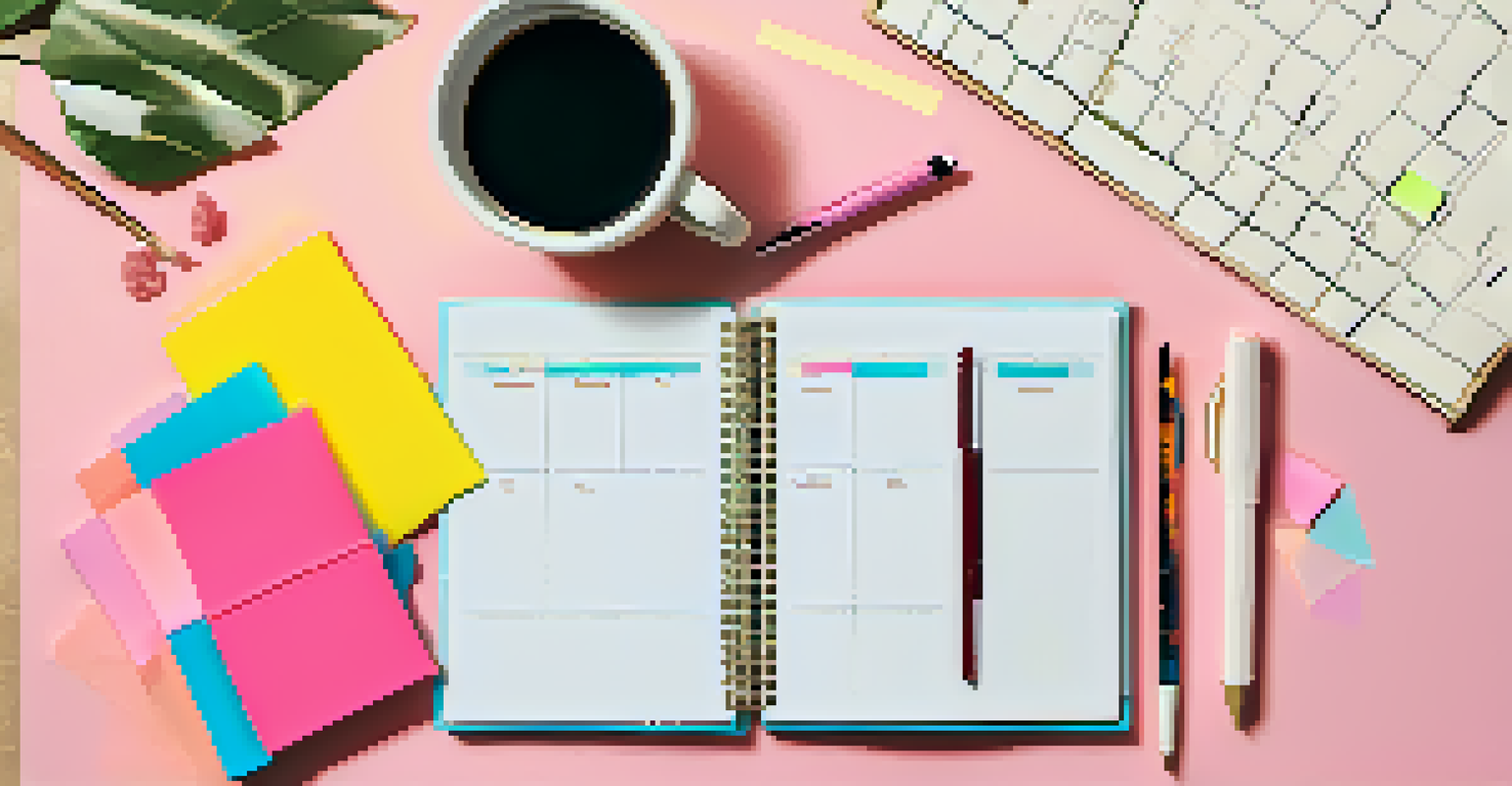 An organized budget planner with sticky notes and a pen on a pastel-colored textured background.