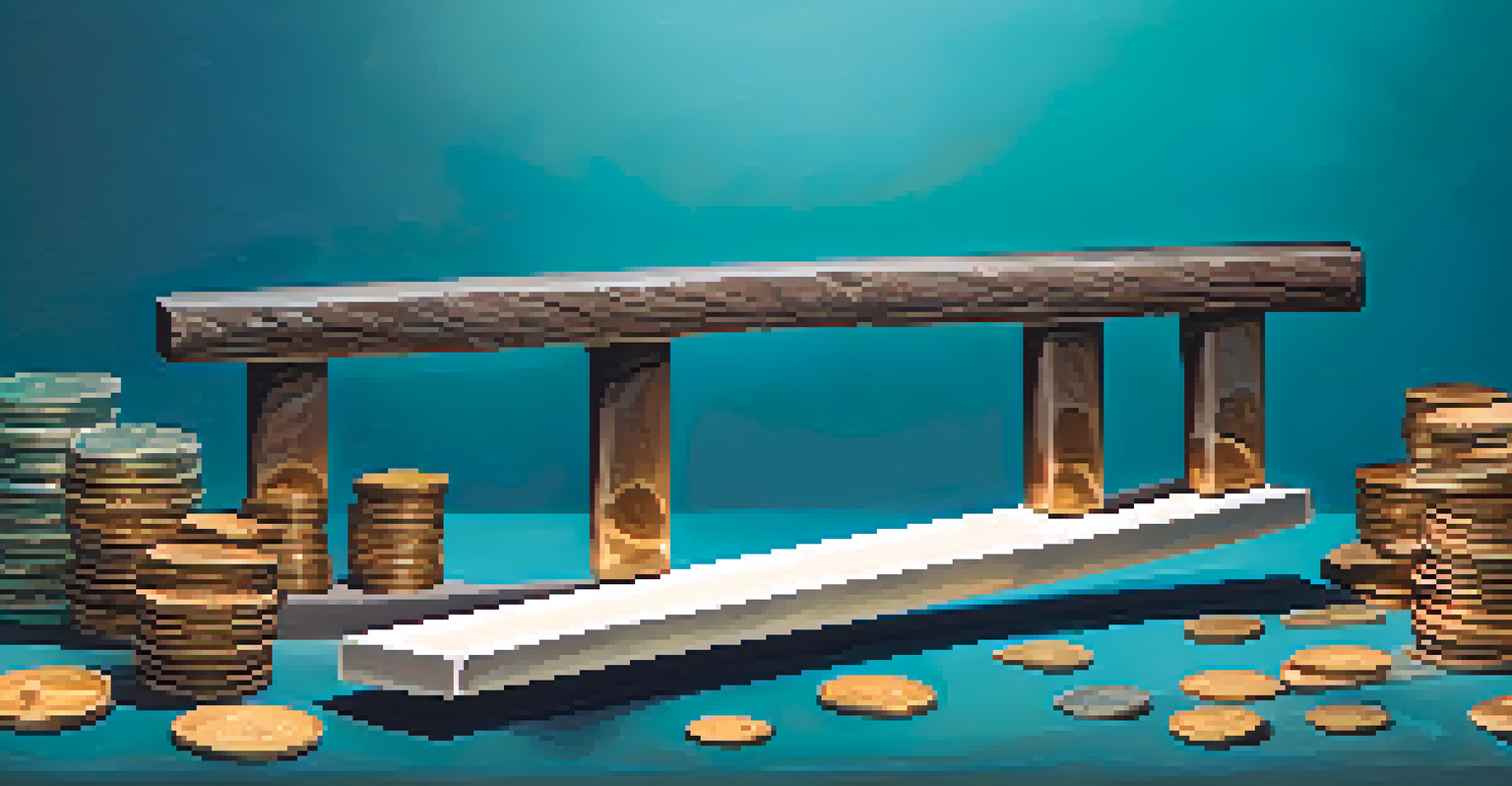 A colorful seesaw with coins on one side and smooth stones on the other, set against a gradient blue to teal background.