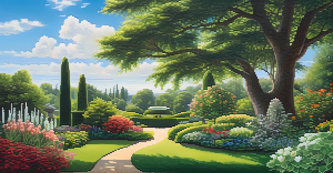 A colorful garden representing different investment types with various plants under a clear blue sky.