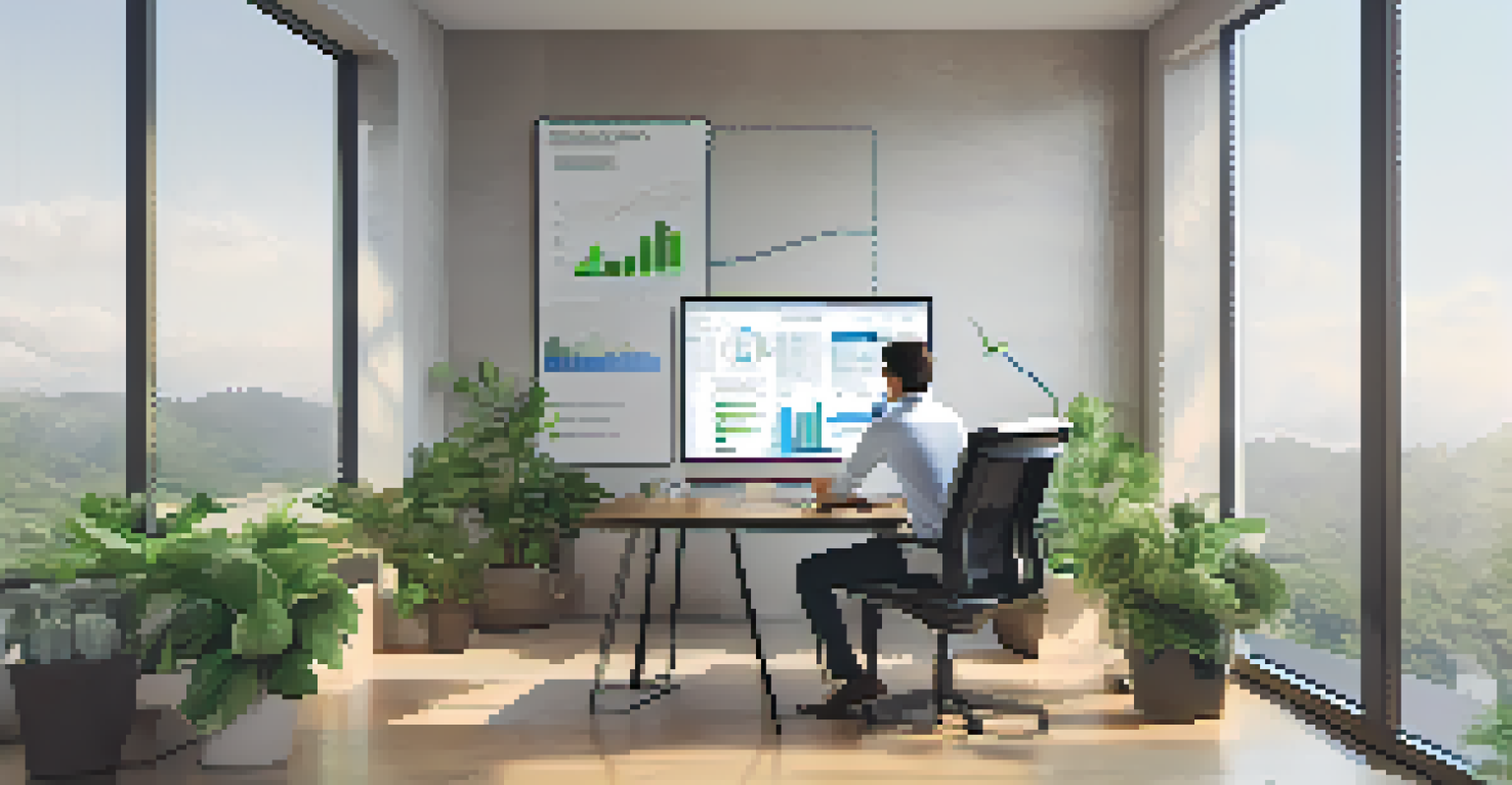 An investor working at a desk with a laptop, analyzing financial reports and charts in a well-lit room.