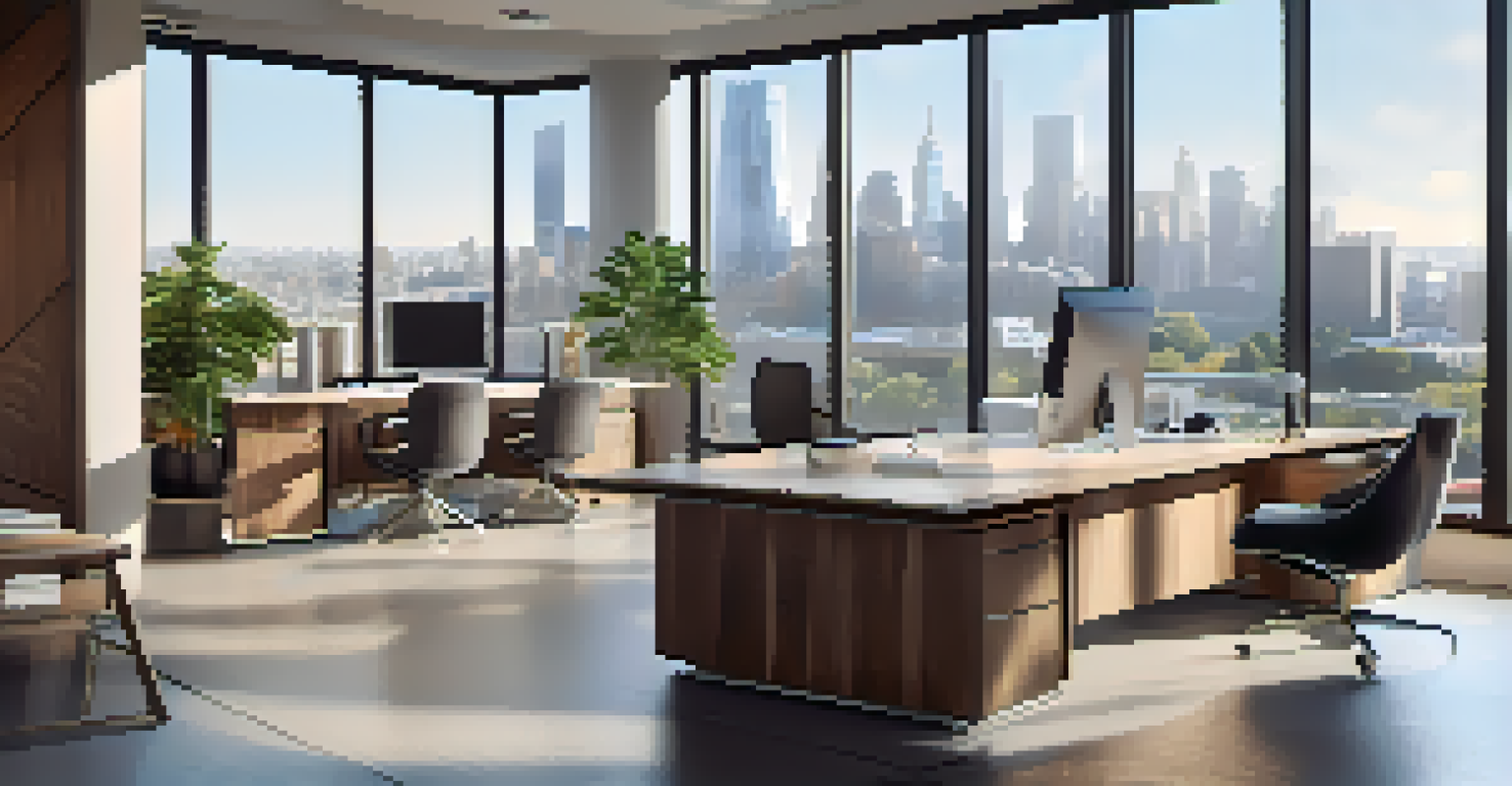 A modern office interior with large windows, city view, and minimalist furniture bathed in natural light.