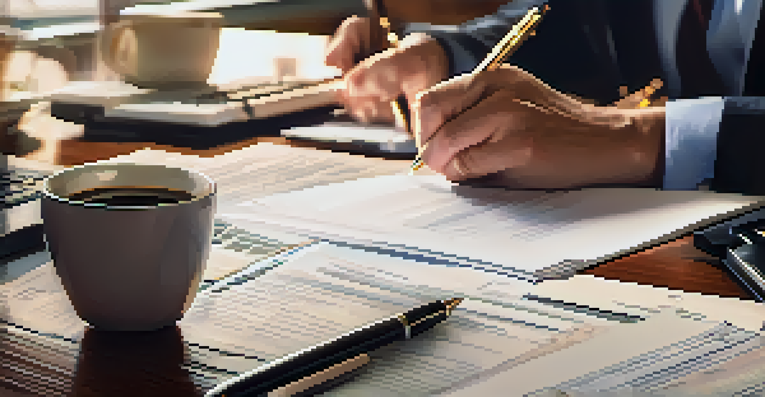 Close-up of a financial advisor writing notes during a meeting, surrounded by documents and a laptop, highlighting the importance of communication.