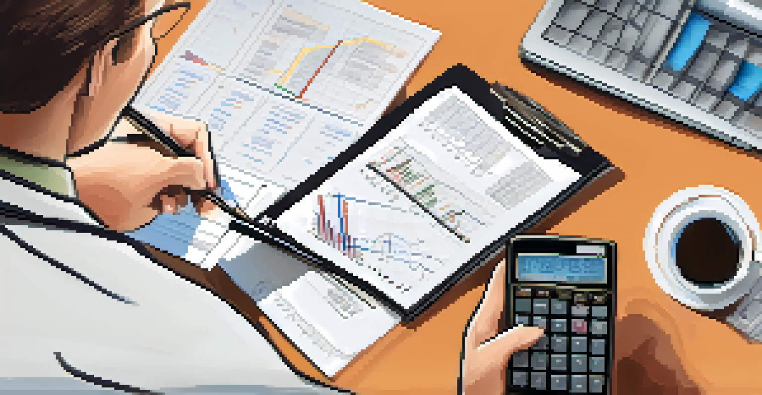 A close-up of hands writing in a notepad, with a calculator, coffee cup, charts, and a laptop showing financial data on the table.
