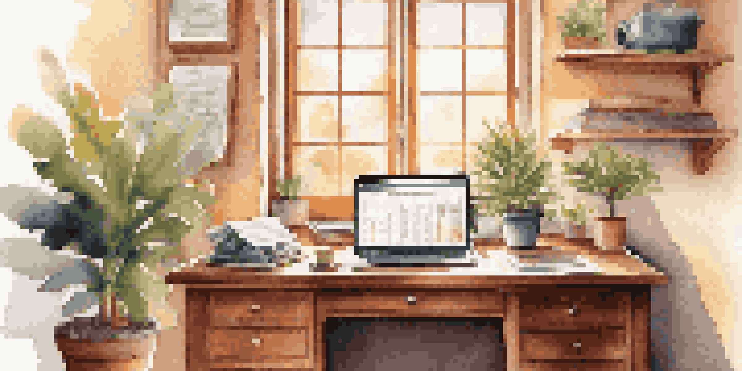 A well-lit home office featuring a wooden desk with a laptop, a potted plant, and sunlight coming through a window.