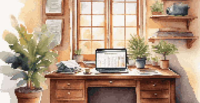 A well-lit home office featuring a wooden desk with a laptop, a potted plant, and sunlight coming through a window.