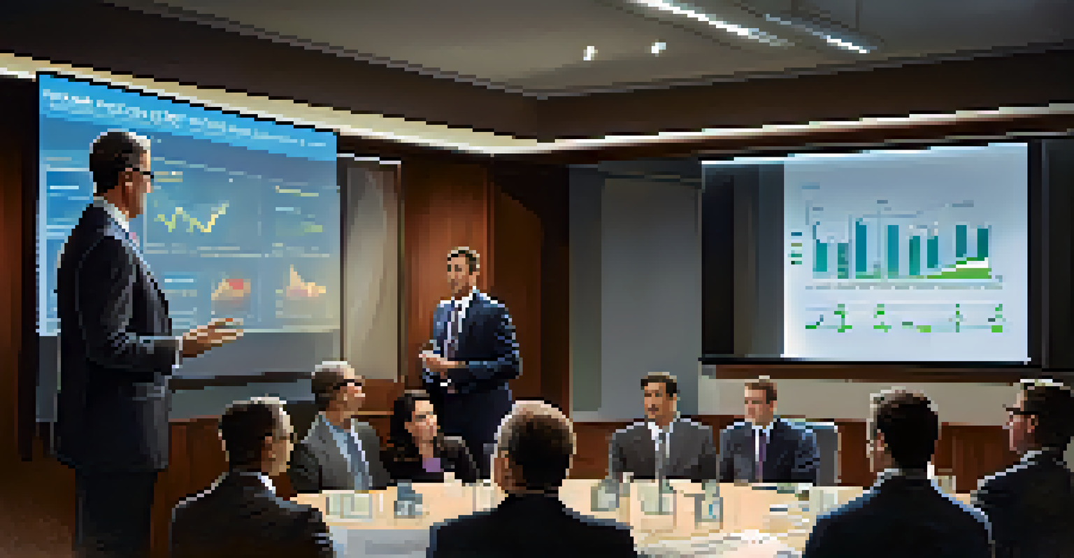 A fund manager presenting investment strategies to a group of attentive investors in a well-lit room.