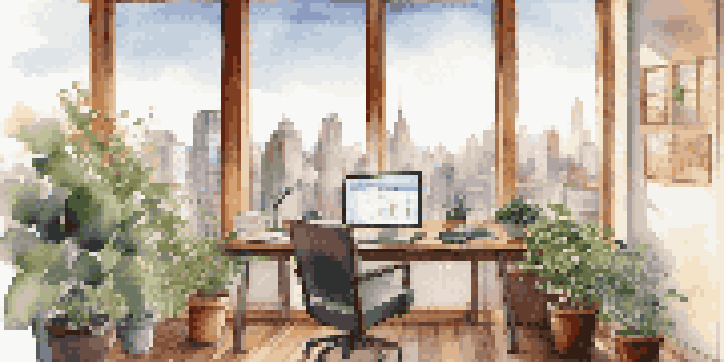 An office with a wooden desk, an open laptop showing a stock market graph, and houseplants, with a view of the city skyline through a large window.