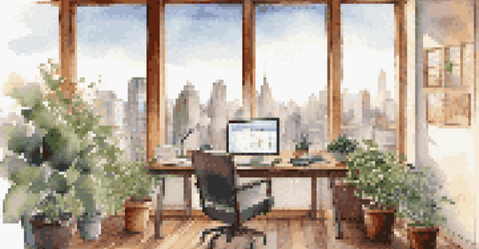 An office with a wooden desk, an open laptop showing a stock market graph, and houseplants, with a view of the city skyline through a large window.