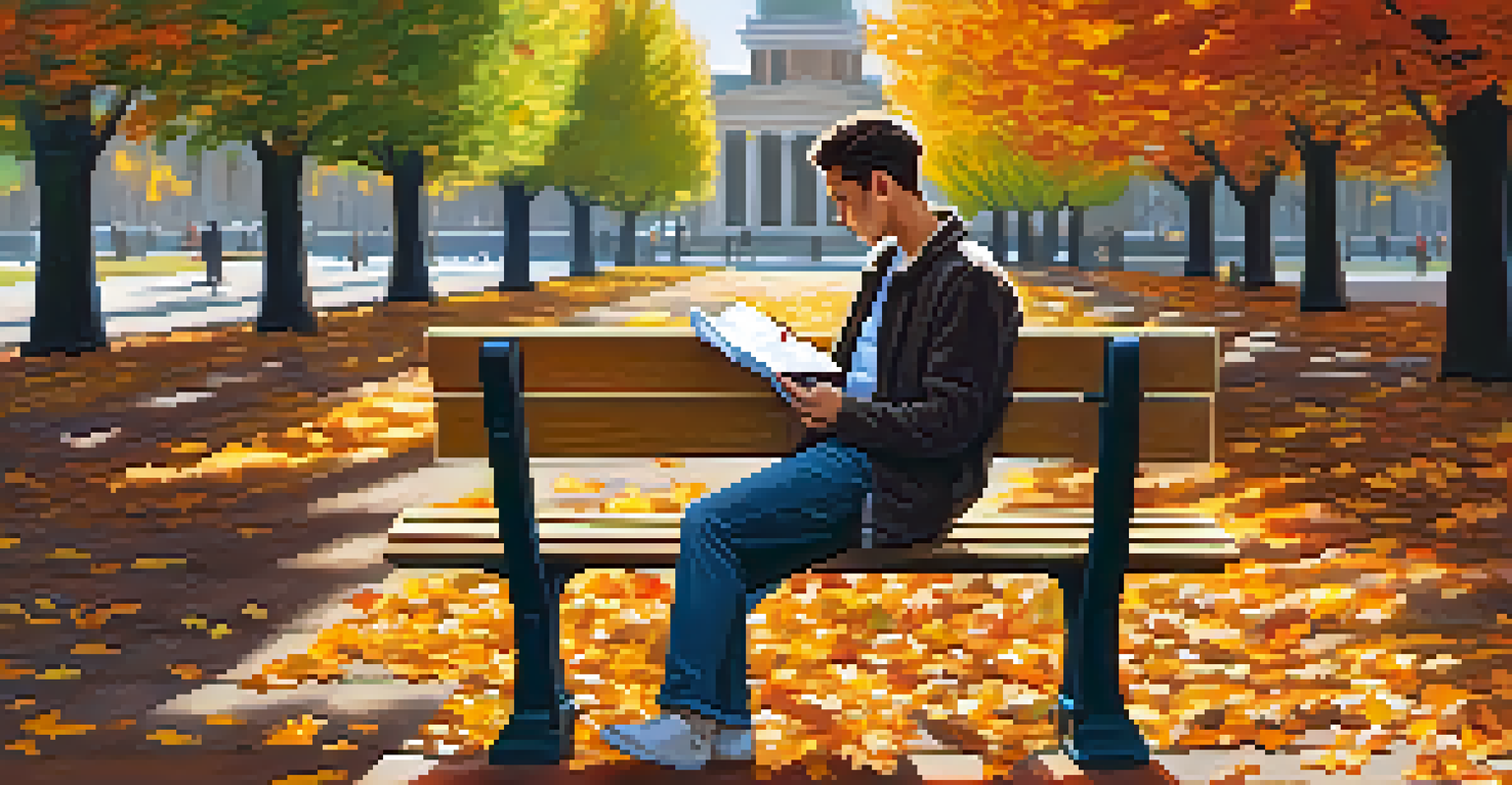 A person sitting on a park bench in a park, looking at a notebook filled with financial plans amidst autumn leaves.