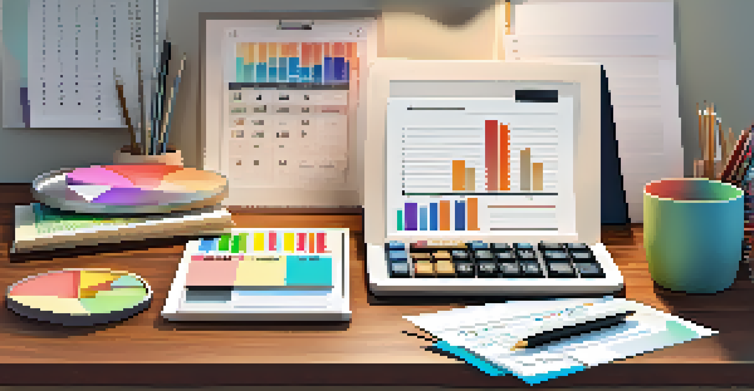 A well-organized workspace featuring a calculator, notepad, and colorful financial charts on a wooden table, lit by warm light.