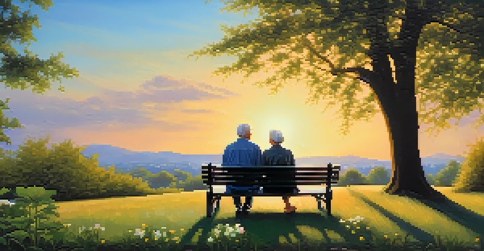 An elderly couple enjoying a peaceful moment on a park bench, surrounded by nature as the sun sets.