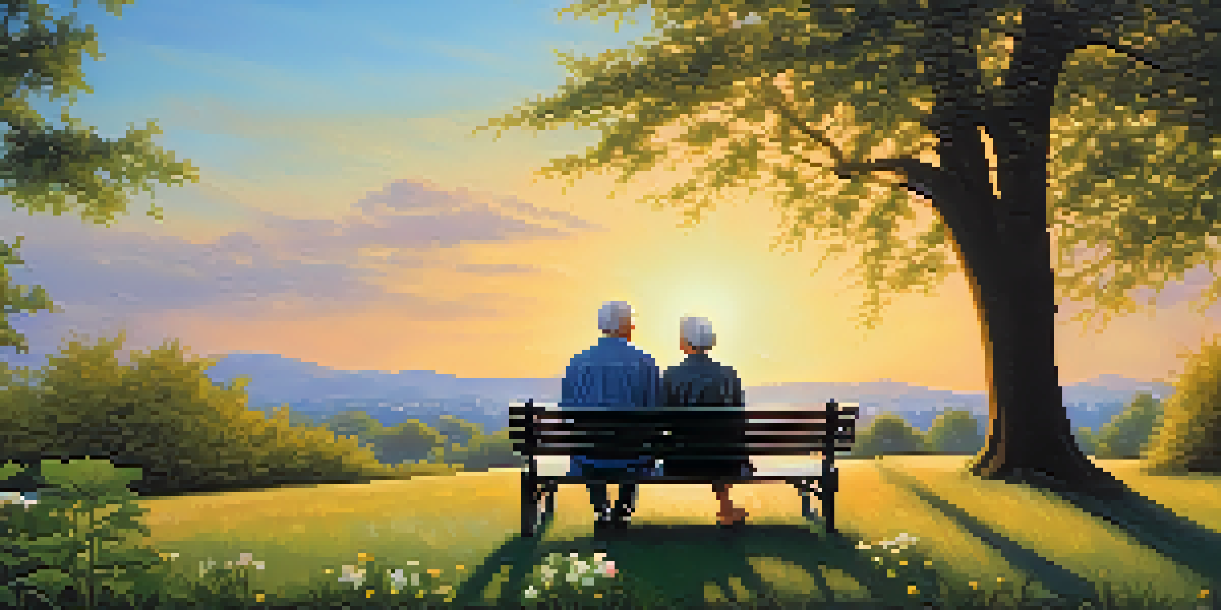 An elderly couple enjoying a peaceful moment on a park bench, surrounded by nature as the sun sets.
