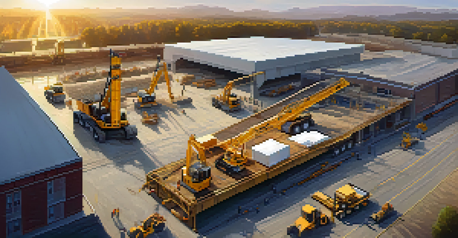 An aerial view of a construction site with workers, cranes, and trucks, illuminated by the warm light of a setting sun.