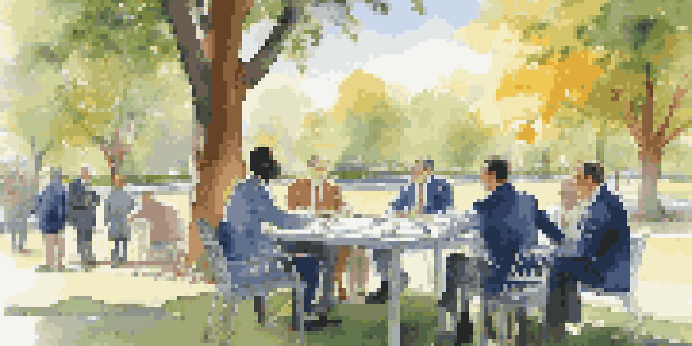 A diverse group of investors analyzing charts and reports outdoors in a park, surrounded by greenery and sunlight.