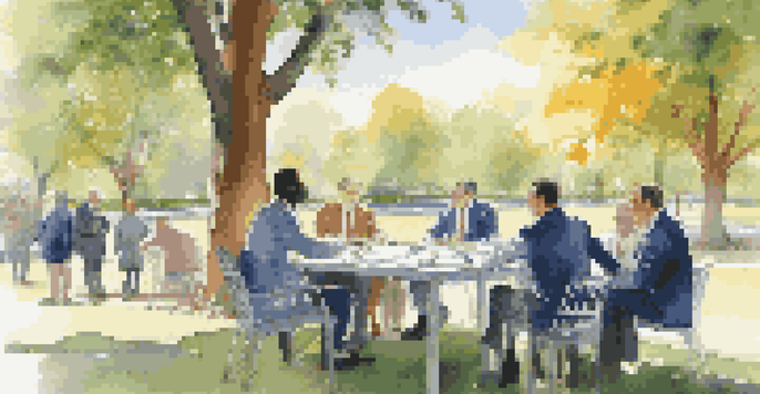 A diverse group of investors analyzing charts and reports outdoors in a park, surrounded by greenery and sunlight.