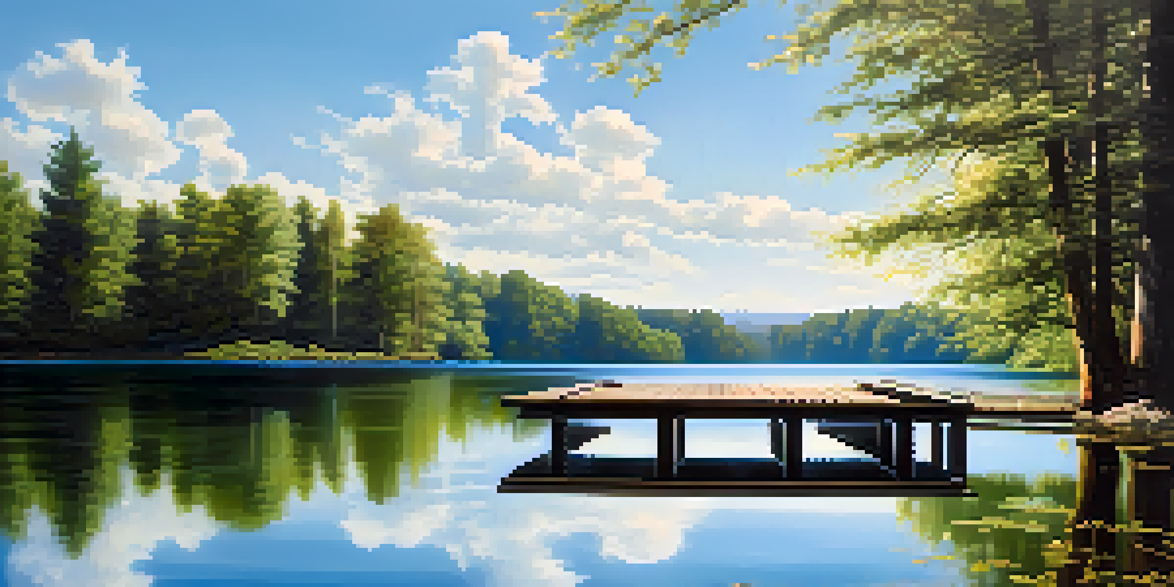 A peaceful lake scene with green trees and a wooden dock under a sunny sky.