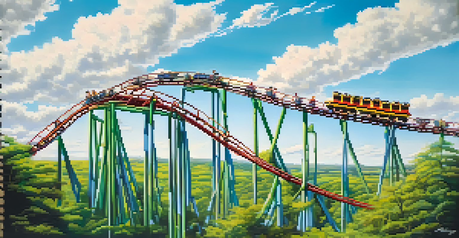 A colorful roller coaster with riders experiencing the thrill of the ride against a clear sky.
