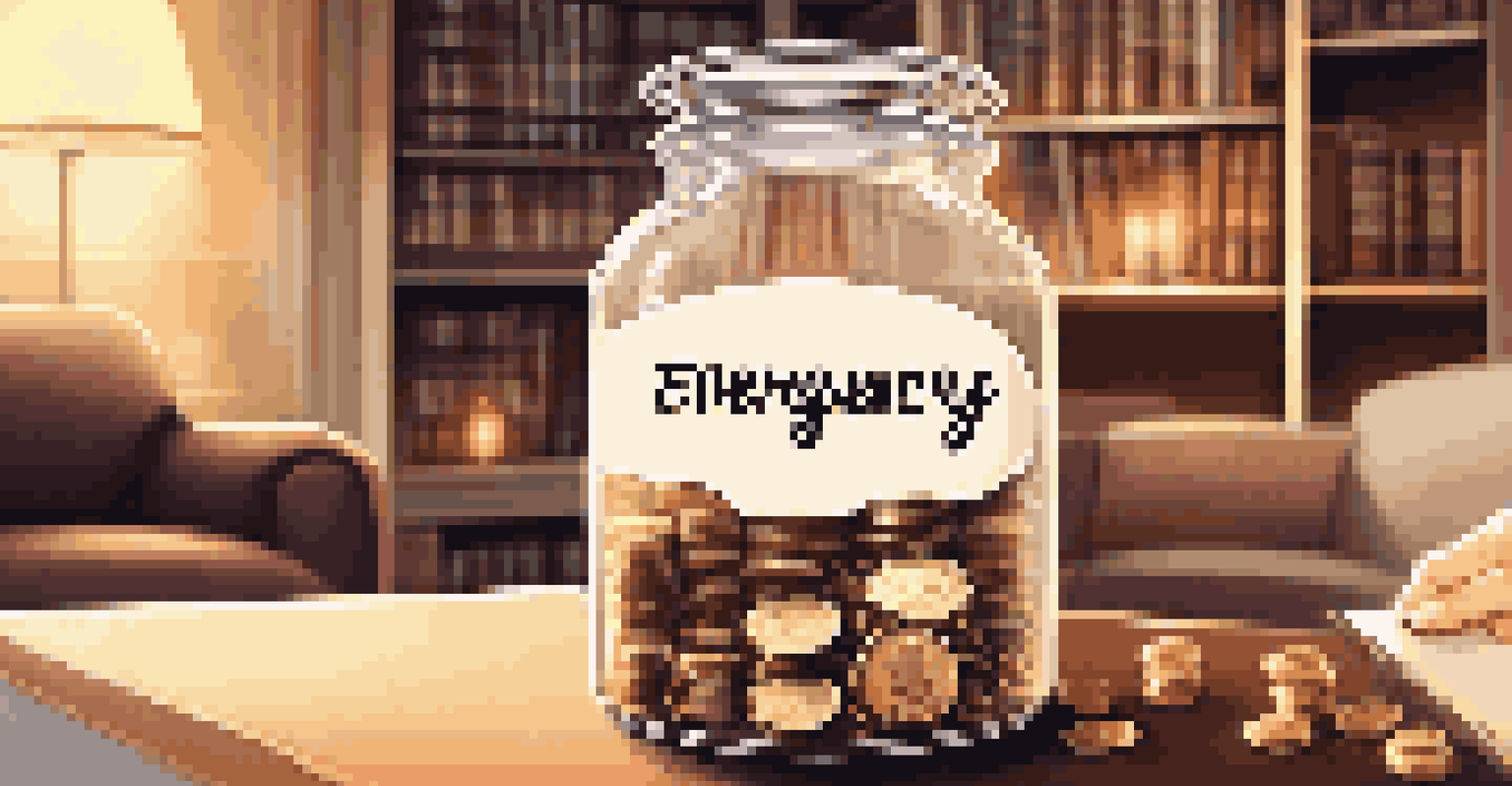 A close-up image of hands holding a jar filled with coins labeled 'Emergency Fund' against a softly focused cozy living room background.